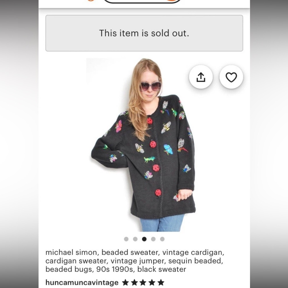 Michael Simon sweater GIANT beaded ladybug buttons GORGEOUS beaded insects